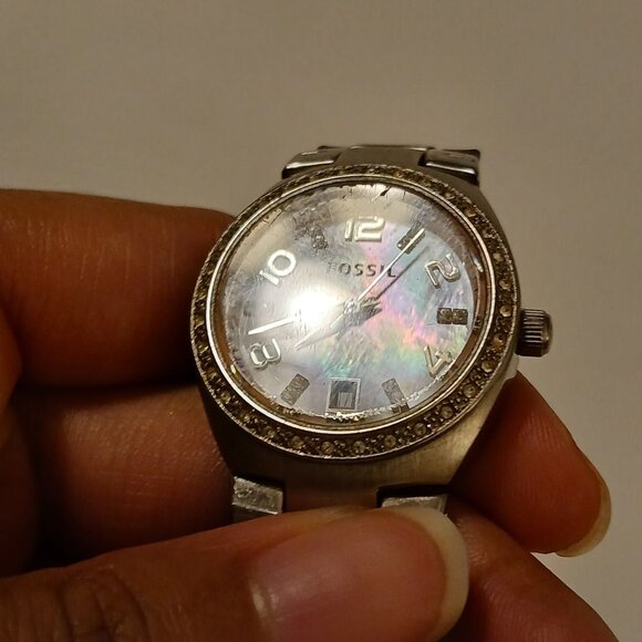 Glitzy Fossil AM-4175 MOP Dial Crystal Bezel All Stainless Women's Dress Watch - Picture 6 of 13